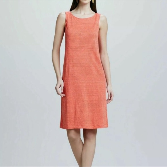 Eileen Fisher Linen Firefly Striped Red-Orange Shift Dress